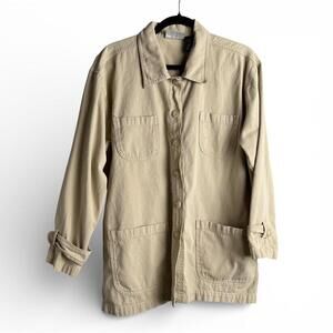 Vintage Khaki Long Sleeve Button-Up Jacket with Pockets